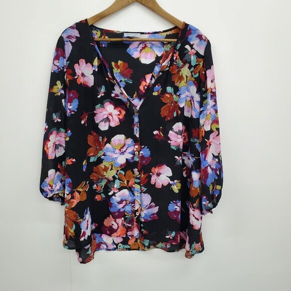 Floral & Ivy Womens 2X Button Front Chiffon Blouse Black Sheer Lightweight Top - Picture 2 of 14